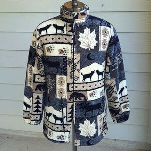 BLACK MOUNTAIN Beige Tan Black Nature Weave Fleece Mens Sz M Full Zip Jacket VTG